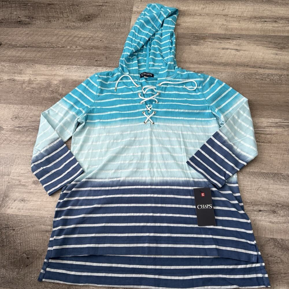 CHAPS Hooded Swim Cover-Up Womens Large Blue Tie Dye Striped Drawstring Lace-Up